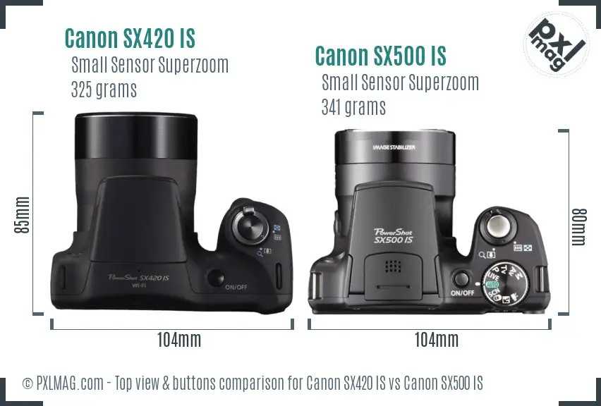 Canon SX420 IS vs Canon SX500 IS top view buttons comparison