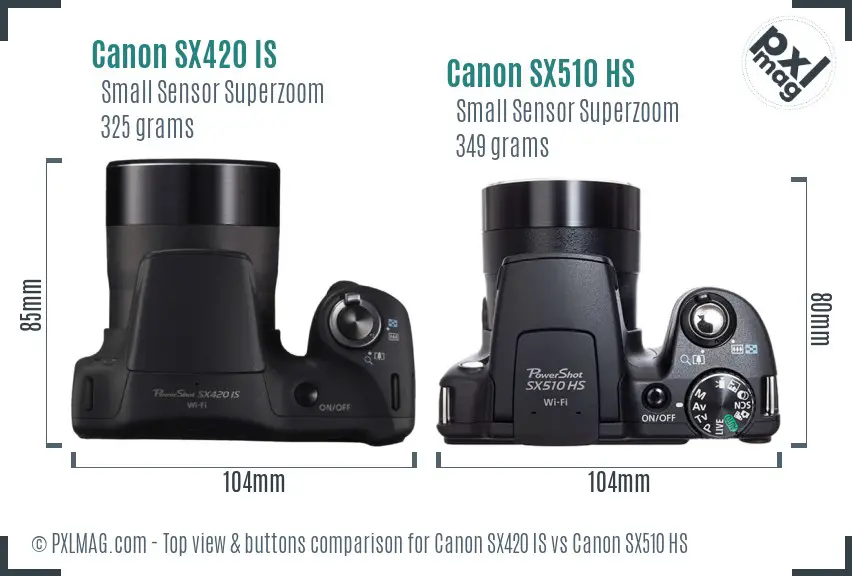 Canon SX420 IS vs Canon SX510 HS top view buttons comparison