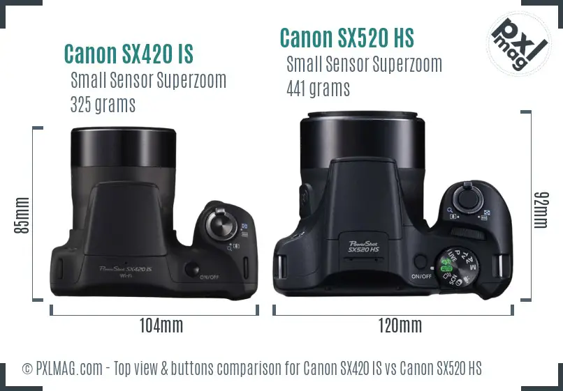 Canon SX420 IS vs Canon SX520 HS top view buttons comparison