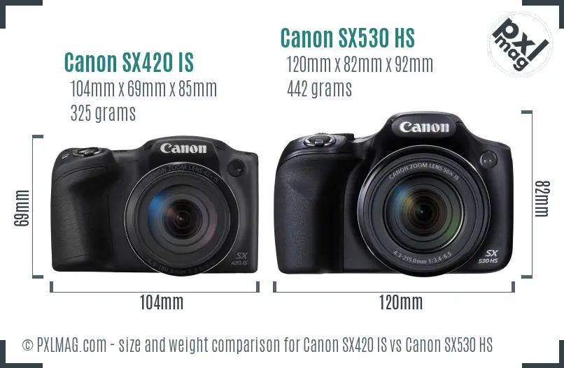 Canon SX420 IS vs Canon SX530 HS size comparison