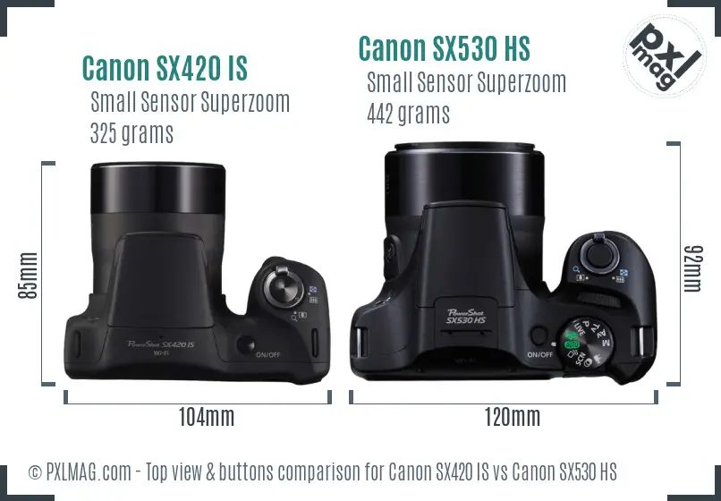 Canon SX420 IS vs Canon SX530 HS top view buttons comparison