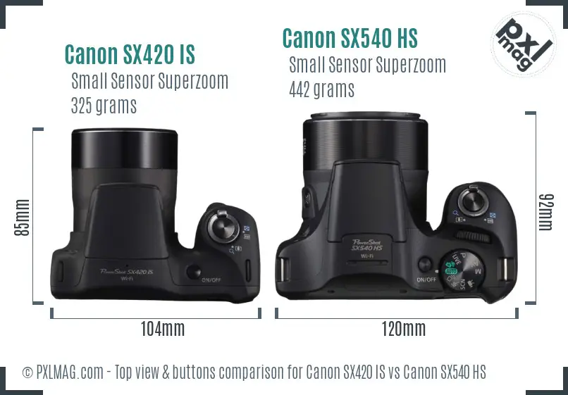 Canon SX420 IS vs Canon SX540 HS top view buttons comparison