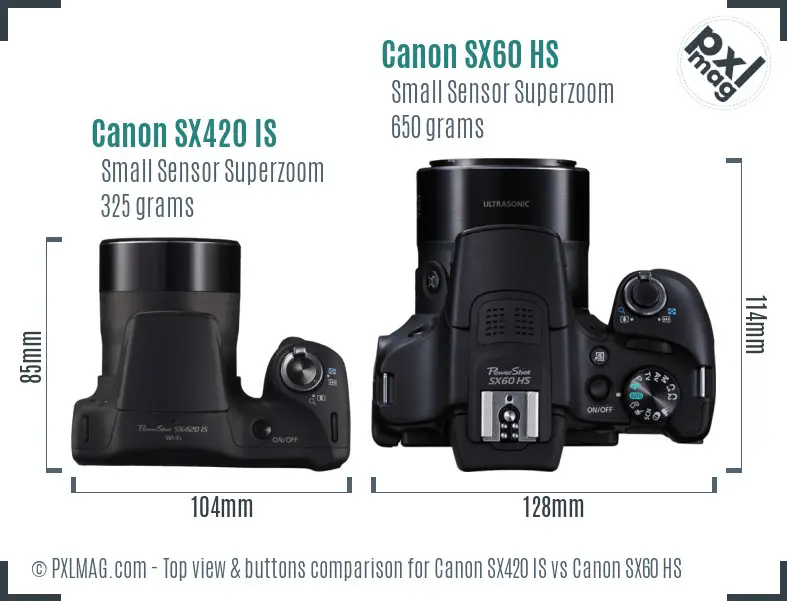 Canon SX420 IS vs Canon SX60 HS top view buttons comparison
