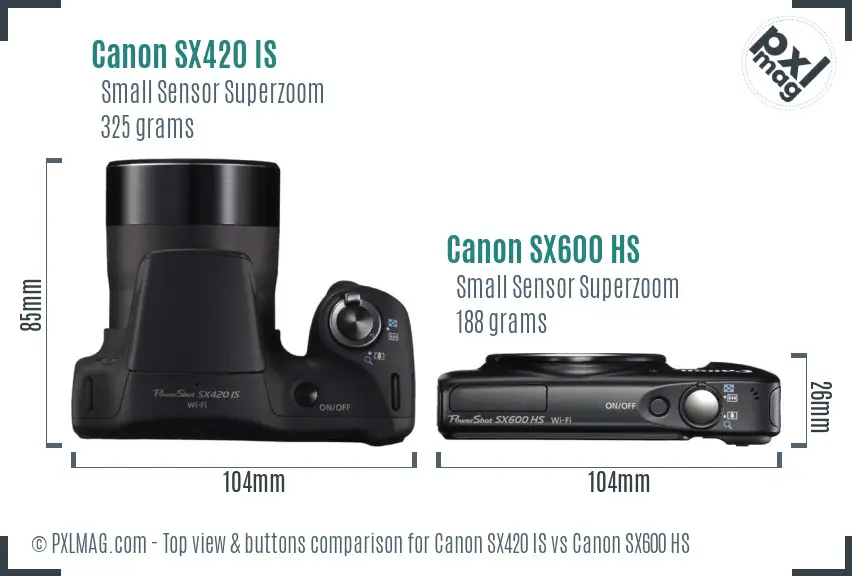 Canon SX420 IS vs Canon SX600 HS top view buttons comparison
