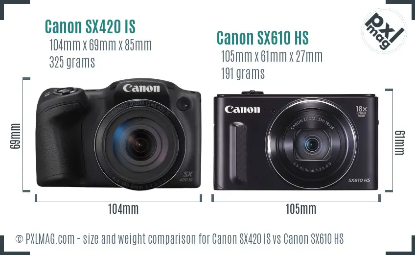 Canon SX420 IS vs Canon SX610 HS size comparison