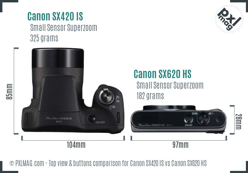 Canon SX420 IS vs Canon SX620 HS top view buttons comparison