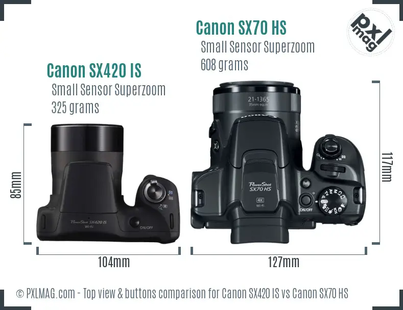 Canon SX420 IS vs Canon SX70 HS top view buttons comparison