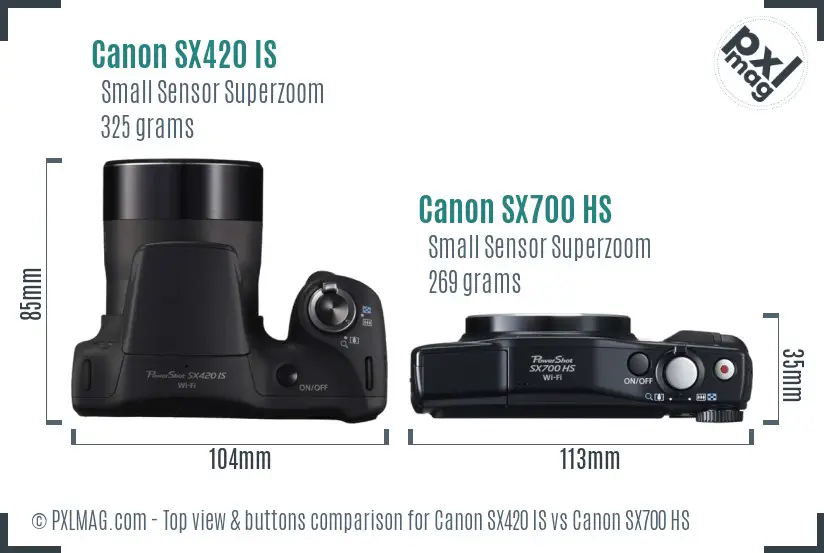Canon SX420 IS vs Canon SX700 HS top view buttons comparison