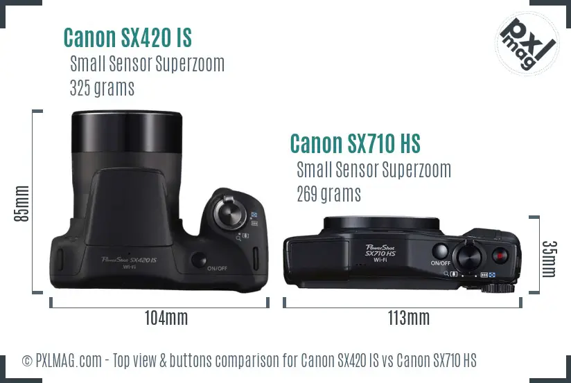 Canon SX420 IS vs Canon SX710 HS top view buttons comparison