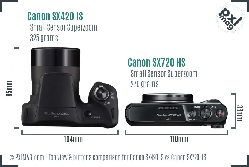 Canon SX420 IS vs Canon SX720 HS top view buttons comparison