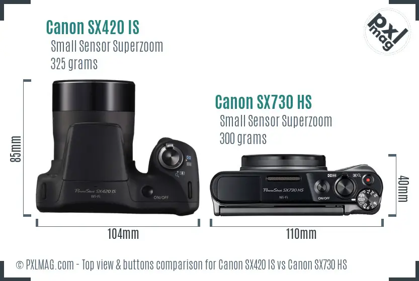Canon SX420 IS vs Canon SX730 HS top view buttons comparison