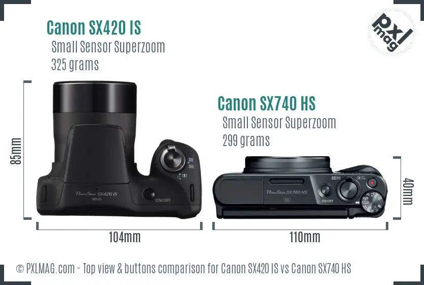 Canon SX420 IS vs Canon SX740 HS top view buttons comparison