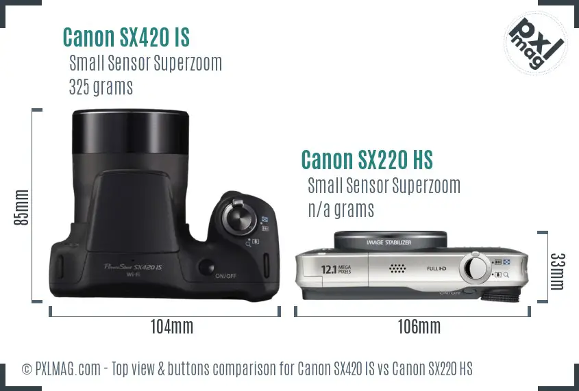 Canon SX420 IS vs Canon SX220 HS top view buttons comparison