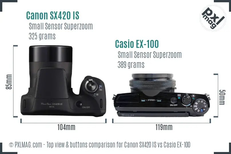Canon SX420 IS vs Casio EX-100 top view buttons comparison