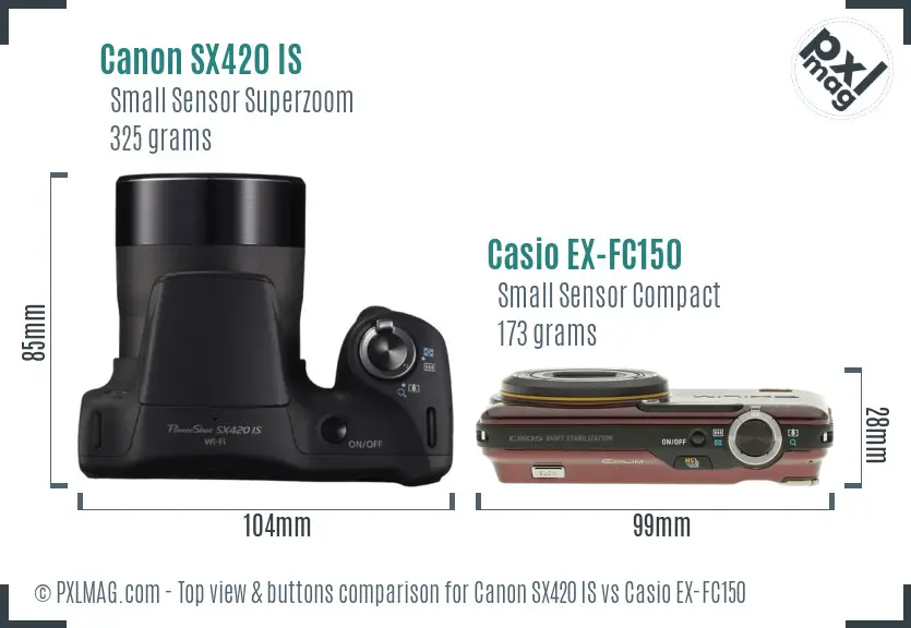 Canon SX420 IS vs Casio EX-FC150 top view buttons comparison