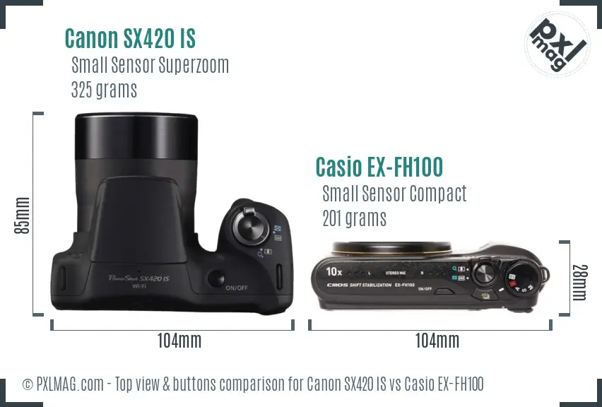 Canon SX420 IS vs Casio EX-FH100 top view buttons comparison Canon SX420 IS vs Casio EX-FH100 top view buttons comparison