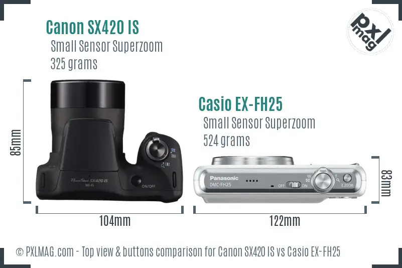 Canon SX420 IS vs Casio EX-FH25 top view buttons comparison