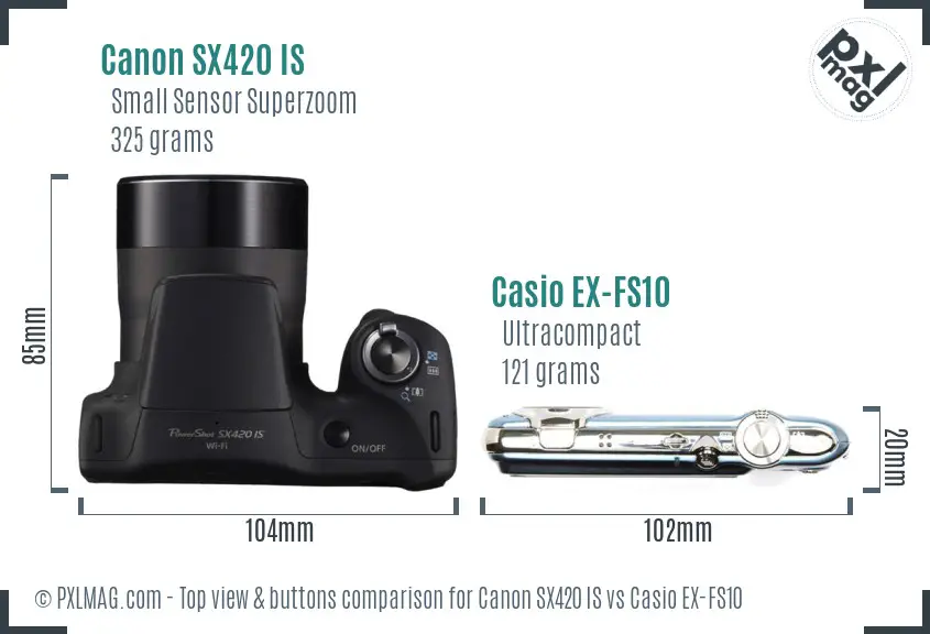 Canon SX420 IS vs Casio EX-FS10 top view buttons comparison Canon SX420 IS vs Casio EX-FS10 top view buttons comparison