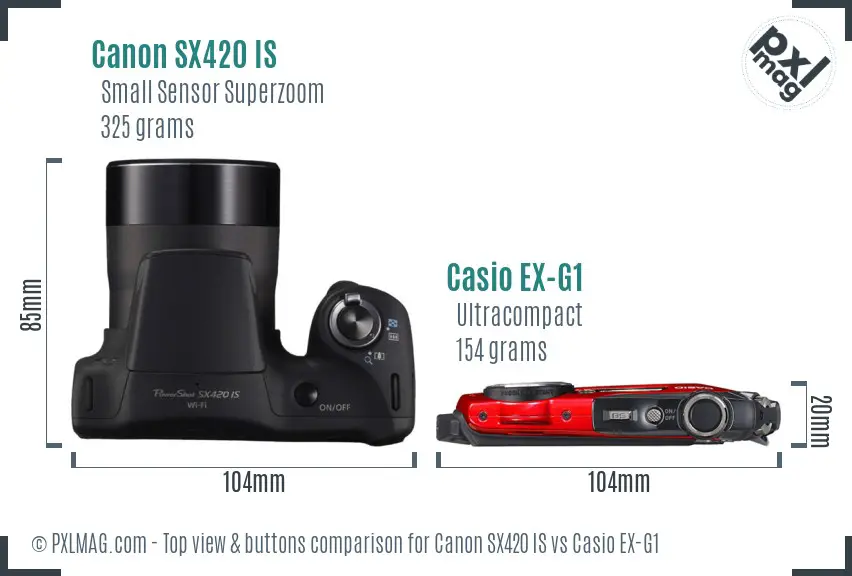 Canon SX420 IS vs Casio EX-G1 top view buttons comparison