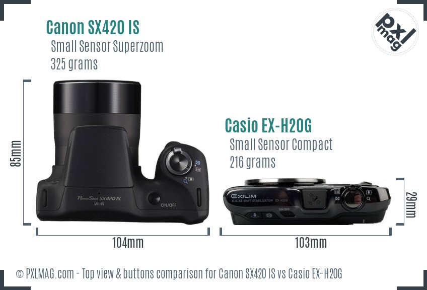 Canon SX420 IS vs Casio EX-H20G top view buttons comparison