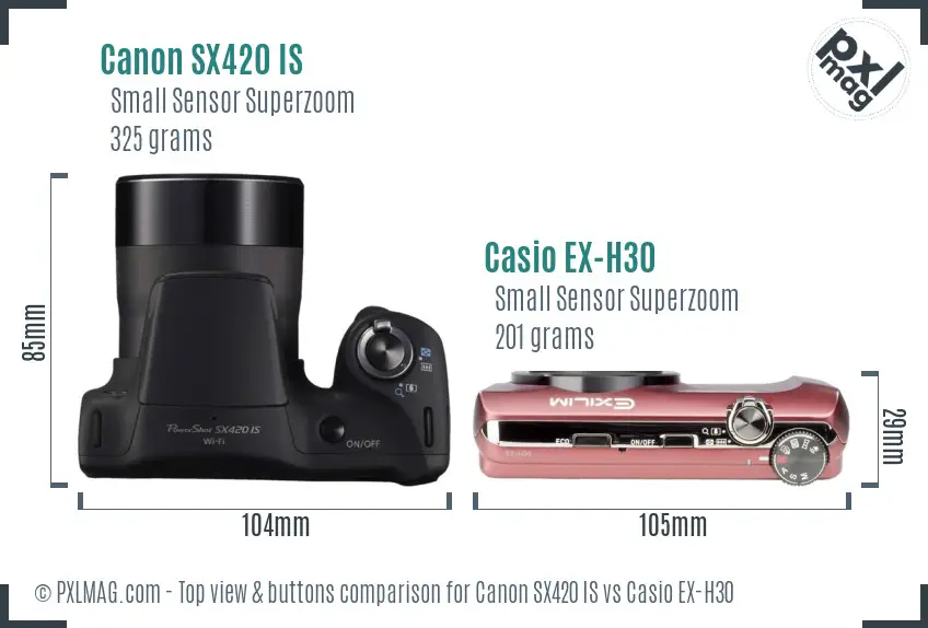 Canon SX420 IS vs Casio EX-H30 top view buttons comparison