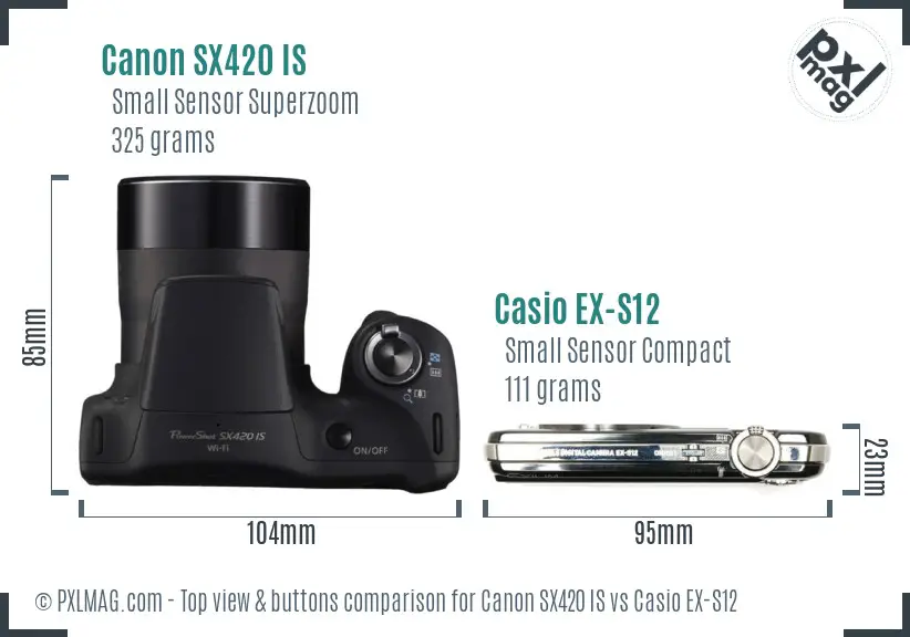 Canon SX420 IS vs Casio EX-S12 top view buttons comparison