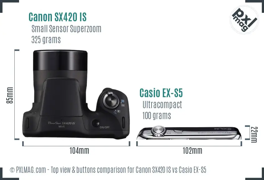 Canon SX420 IS vs Casio EX-S5 top view buttons comparison