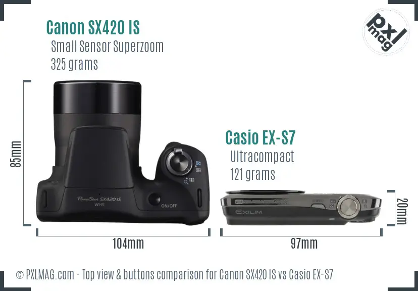 Canon SX420 IS vs Casio EX-S7 top view buttons comparison