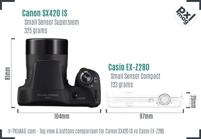 Canon SX420 IS vs Casio EX-Z280 top view buttons comparison