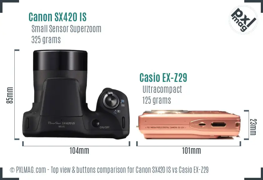 Canon SX420 IS vs Casio EX-Z29 top view buttons comparison