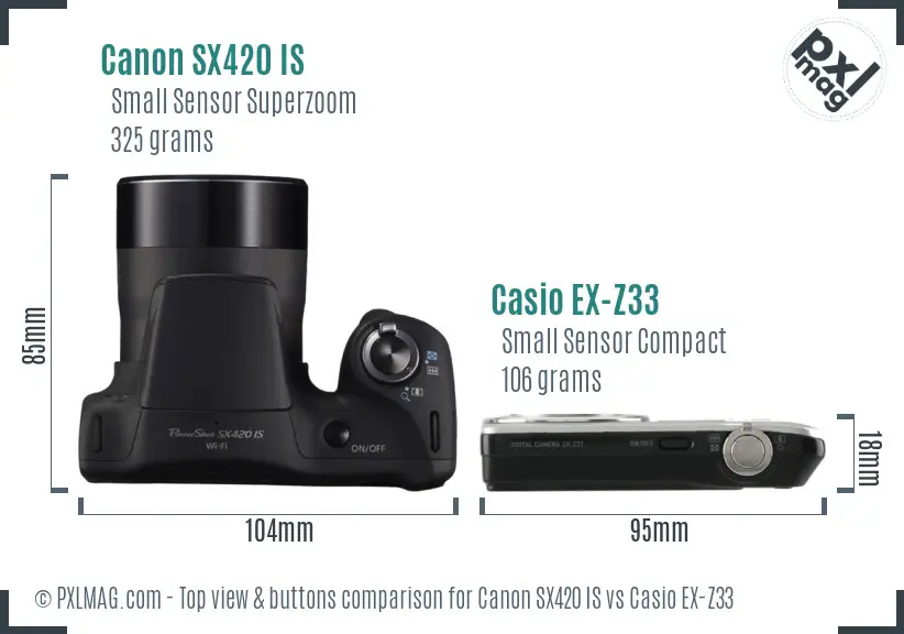 Canon SX420 IS vs Casio EX-Z33 top view buttons comparison