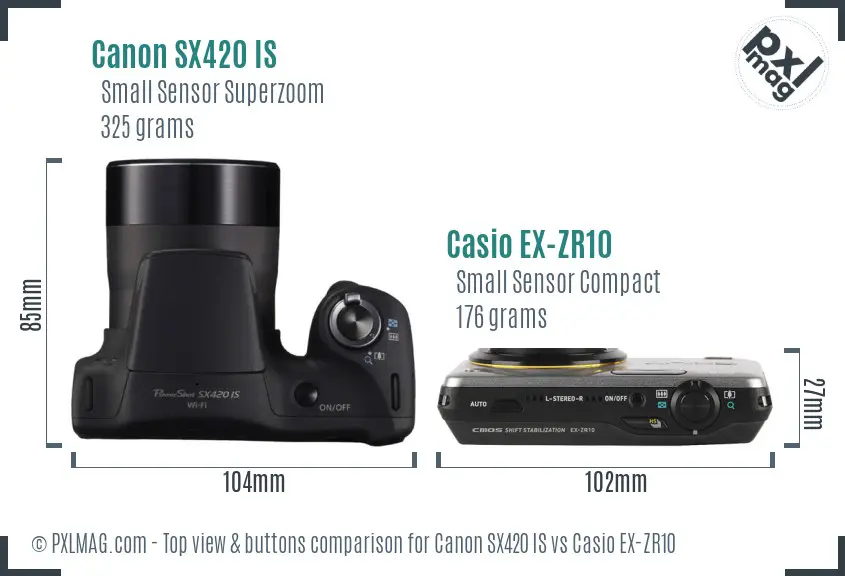 Canon SX420 IS vs Casio EX-ZR10 top view buttons comparison