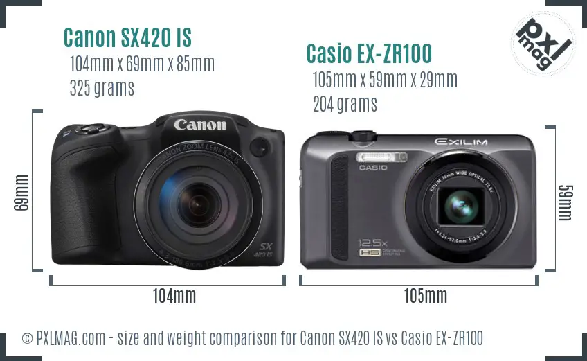 Canon SX420 IS vs Casio EX-ZR100 size comparison
