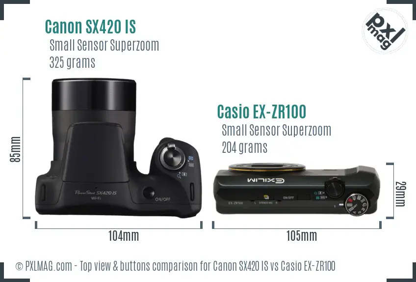 Canon SX420 IS vs Casio EX-ZR100 top view buttons comparison