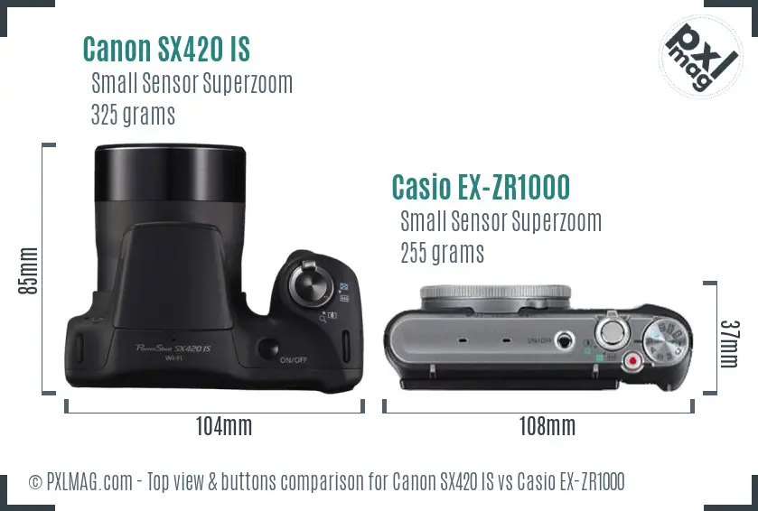 Canon SX420 IS vs Casio EX-ZR1000 top view buttons comparison