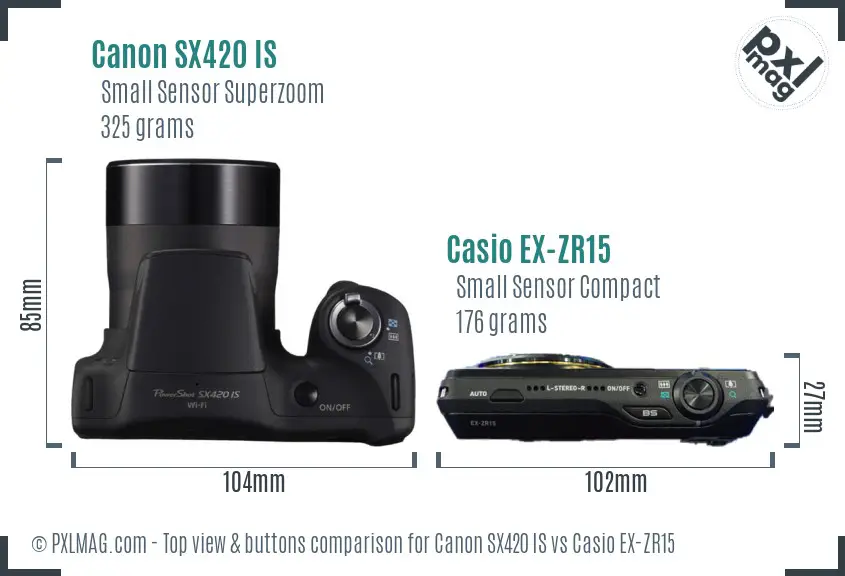 Canon SX420 IS vs Casio EX-ZR15 top view buttons comparison