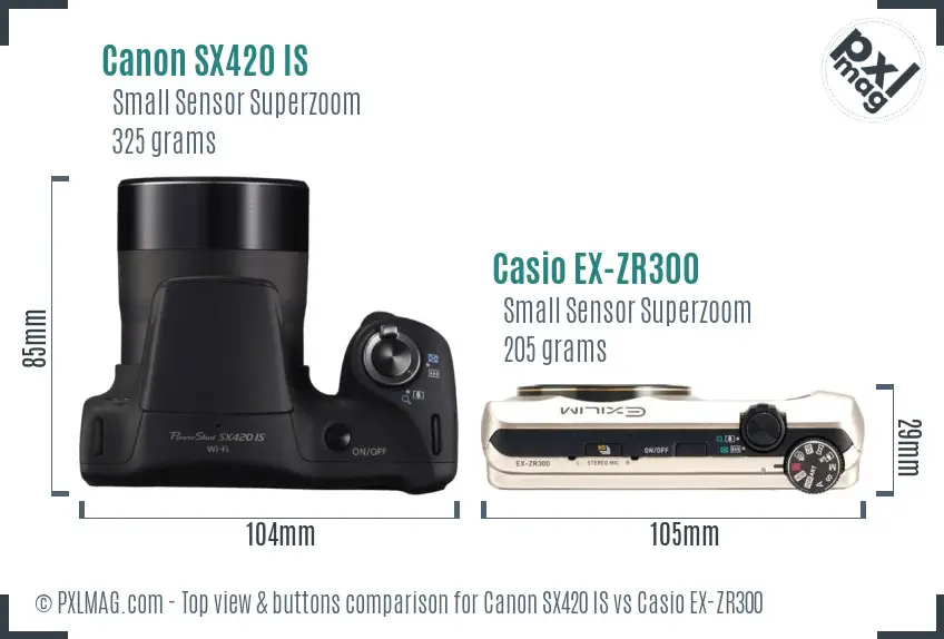 Canon SX420 IS vs Casio EX-ZR300 top view buttons comparison