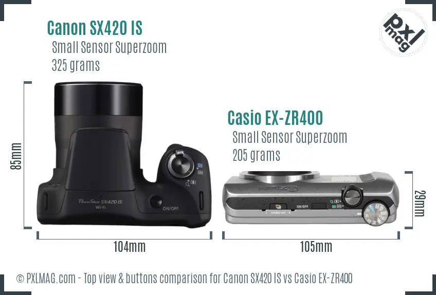 Canon SX420 IS vs Casio EX-ZR400 top view buttons comparison Canon SX420 IS vs Casio EX-ZR400 top view buttons comparison