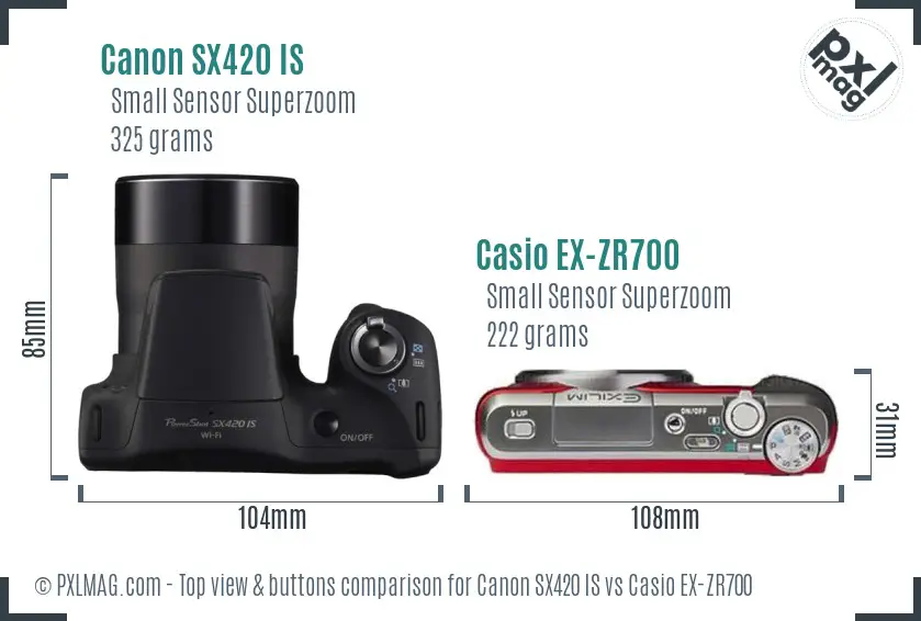 Canon SX420 IS vs Casio EX-ZR700 top view buttons comparison