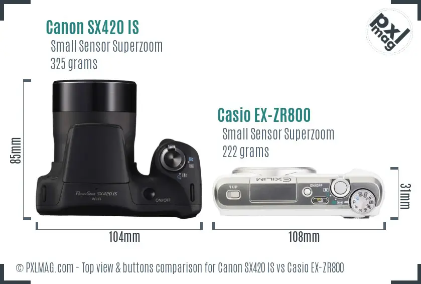 Canon SX420 IS vs Casio EX-ZR800 top view buttons comparison