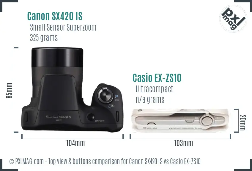 Canon SX420 IS vs Casio EX-ZS10 top view buttons comparison