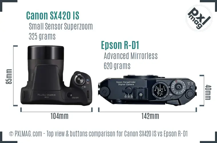Canon SX420 IS vs Epson R-D1 top view buttons comparison