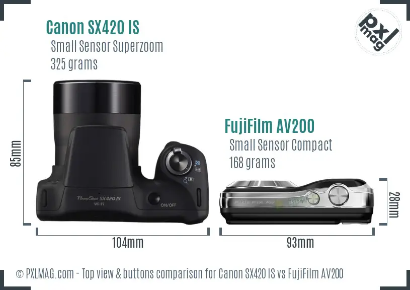 Canon SX420 IS vs FujiFilm AV200 top view buttons comparison