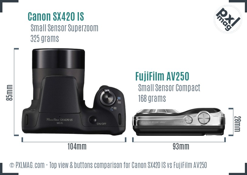 Canon SX420 IS vs FujiFilm AV250 top view buttons comparison
