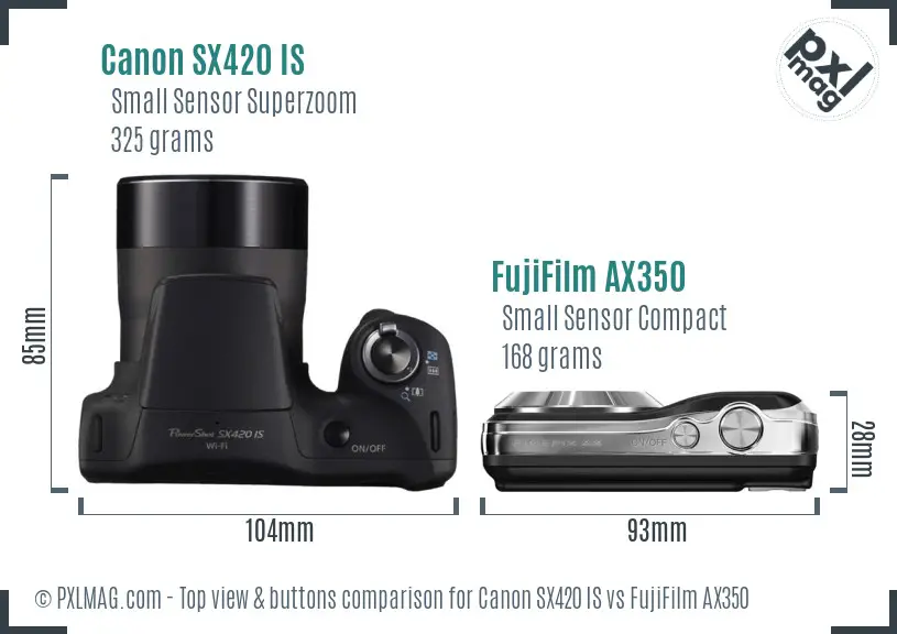 Canon SX420 IS vs FujiFilm AX350 top view buttons comparison