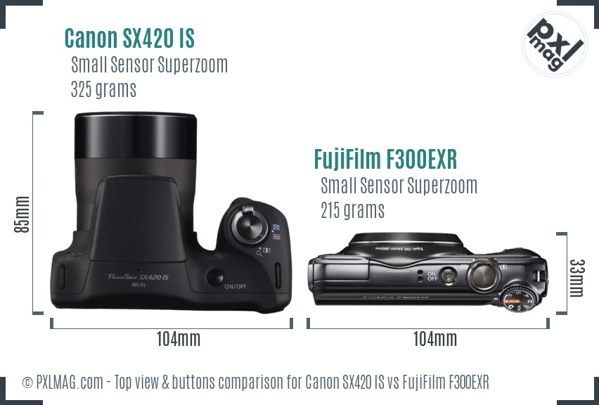 Canon SX420 IS vs FujiFilm F300EXR top view buttons comparison