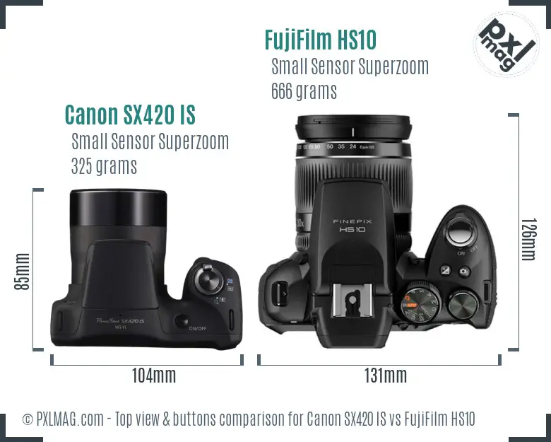 Canon SX420 IS vs FujiFilm HS10 top view buttons comparison