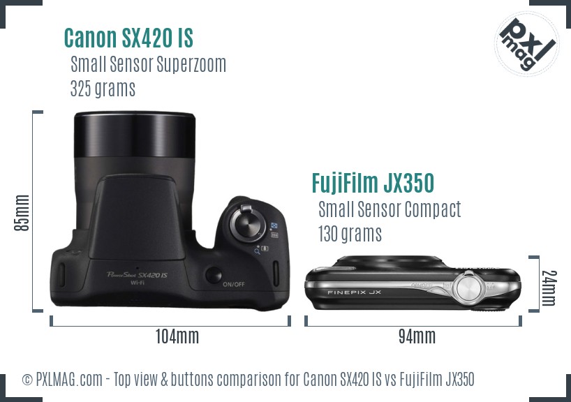 Canon SX420 IS vs FujiFilm JX350 top view buttons comparison