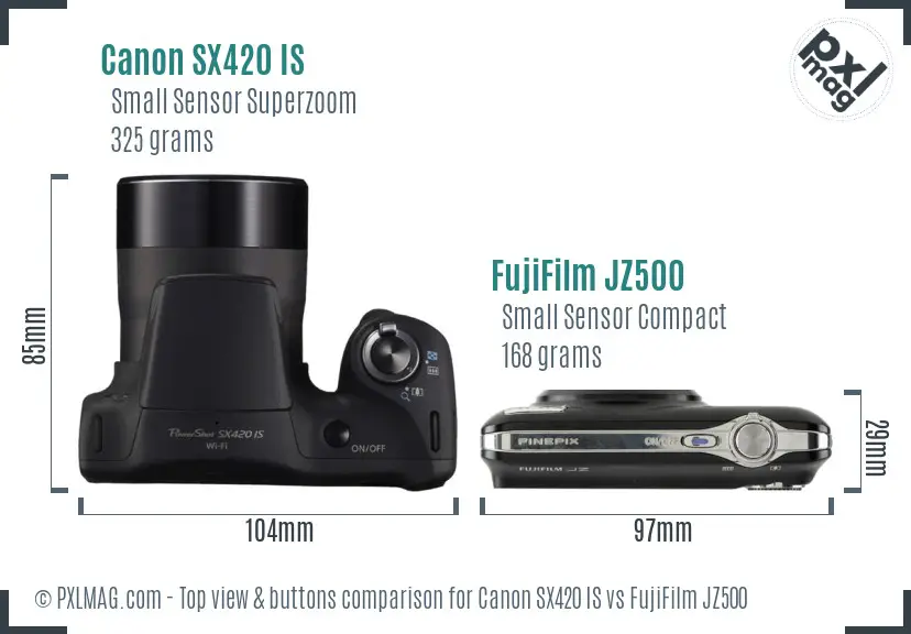 Canon SX420 IS vs FujiFilm JZ500 top view buttons comparison