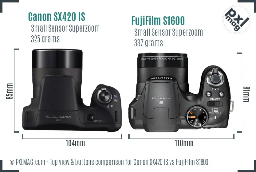 Canon SX420 IS vs FujiFilm S1600 top view buttons comparison Canon SX420 IS vs FujiFilm S1600 top view buttons comparison